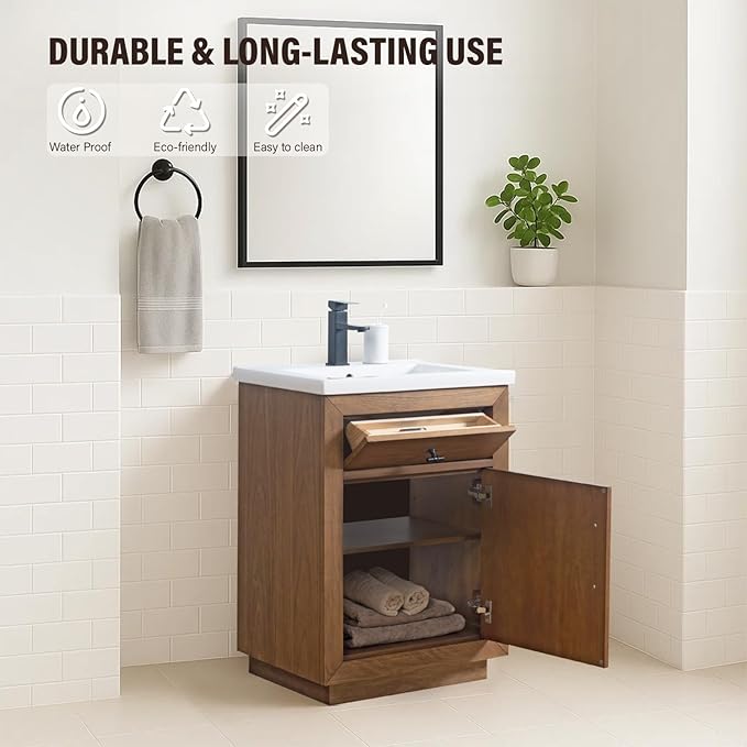 HOMEBEYOND 24" Bathroom Vanity with Single Sink & Ceramic Top, MDF Material Vanity Cabinet with Basin Combo, Soft-Closing Doors, Removable Shelf, Backsplash,Tan