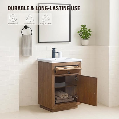 HOMEBEYOND 24" Bathroom Vanity with Single Sink & Ceramic Top, MDF Material Vanity Cabinet with Basin Combo, Soft-Closing Doors, Removable Shelf, Backsplash,Tan