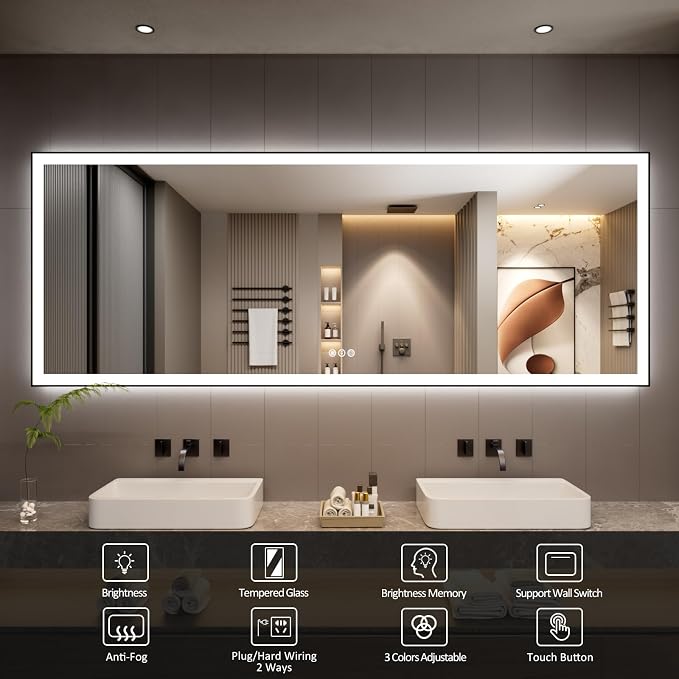 96x36 Inch LED Bathroom Mirror with Black Frame | Black Metal Frame, Front and Backlit, 3 Colors, Dimmable, Memory, Anti Fog, Tempered Glass, Lighted Mirror for Wall