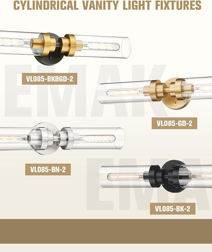Emak 2 Light Black Vanity Lights for Bathroom,22 Inch Bathroom Light Fixtures Modern Wall Sconces with Clear Glass Shade for Bath, Bedroom, Hallway, VL085-BK-2