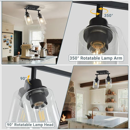 LOUSACE 2 Light Kitchen Track Light Fixtures Ceiling Vanity Lights Black, Bathroom Track Lighting Kit w/Rotatable Heads & Clear Glass Shade, Modern Wall Ceiling Tracking Light for Accent Shop Hallway