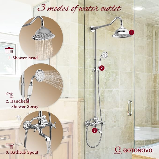 gotonovo Vintage Exposed Shower Faucet Set with Tub Spout,Polish Chrome | Bathtub 8” Shower Head with Handheld System Fixtures Combo Kit,360°Rotation,Fast Filler,Extra Extension Tube,for 5-6.7" Hole
