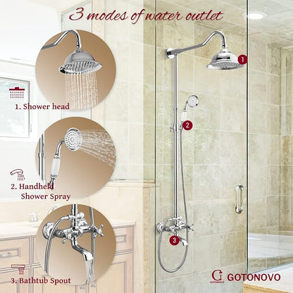 gotonovo Vintage Exposed Shower Faucet Set with Tub Spout,Polish Chrome | Bathtub 8” Shower Head with Handheld System Fixtures Combo Kit,360°Rotation,Fast Filler,Extra Extension Tube,for 5-6.7" Hole