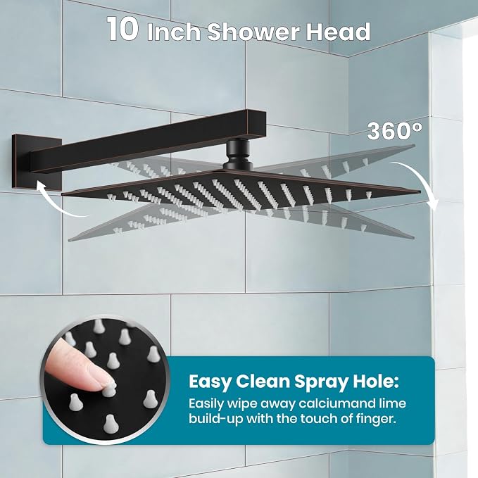 gotonovo Bathtub Shower Faucet Set, 10 Inch Shower Head, Oil Rubbed Bronze | Wall Mounted Shower System with Tub Spout for Bathroom, Square High Pressure Rain Shower head with Handheld Spray, All Metal