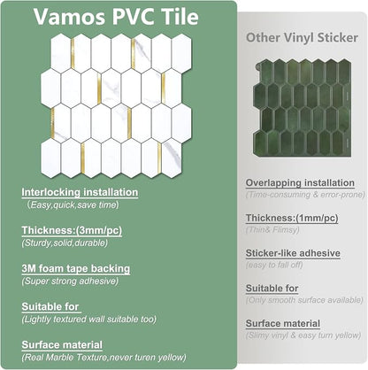 Vamos Tile Long Hexagon Peel and Stick Backsplash Tile - 10 Sheets Stick on Backsplash for Kitchen and Bathroom 12.4 x 12 Inch White Marble Look PVC Mixed Metal Gold Self Adhesive Mosaic Wall Tiles