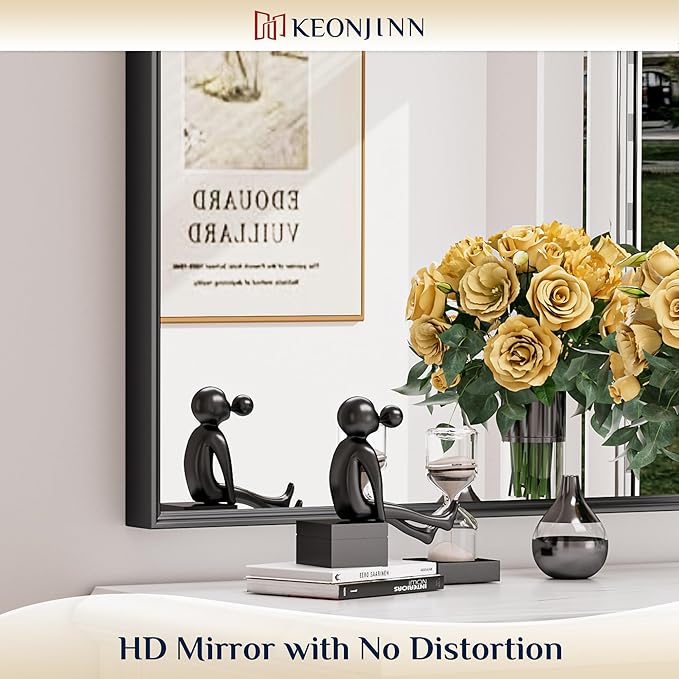 Keonjinn 16 x 20 Inch Small Stainless Steel Framed Mirror, Matte Black Bathroom Mirrors for Over Sink, Anti-Rust, Curved Edge, Shatter-Proof Tempered Glass, Square Rectangle Bathroom Vanity Mirror