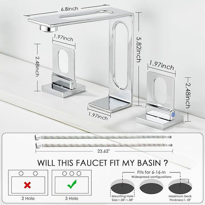 BAKALA Chrome Bathroom Faucet 3 Hole, 8 inch Widespread Bathroom Sink Faucet, 2-Handle Modern Vanity Faucet with Water Supply Lines, Hollowed Design