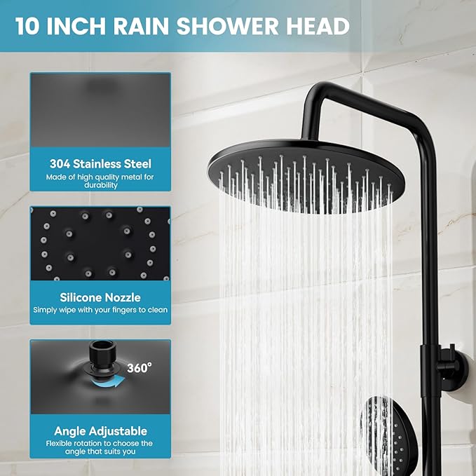 Hurran Shower System with 10 Inch Rain Shower Head and Handheld Sprayer, 3-Function Wall Mounted Bathroom Shower Faucet Set Height Adjustable Holder, Modern Shower Trim Kit Valve Included, Matte Black