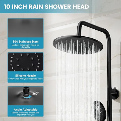 Hurran Shower System with 10 Inch Rain Shower Head and Handheld Sprayer, 3-Function Wall Mounted Bathroom Shower Faucet Set Height Adjustable Holder, Modern Shower Trim Kit Valve Included, Matte Black