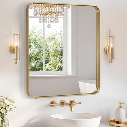 Sweetcrispy Bathroom Mirror 36x24 Inch, Vanity Mirror for Wall | Metal Framed Rounded Rectangle, Over Sink, Farmhouse, Restroom, Anti-Rust, Horizontal or Vertical Hanging, Gold