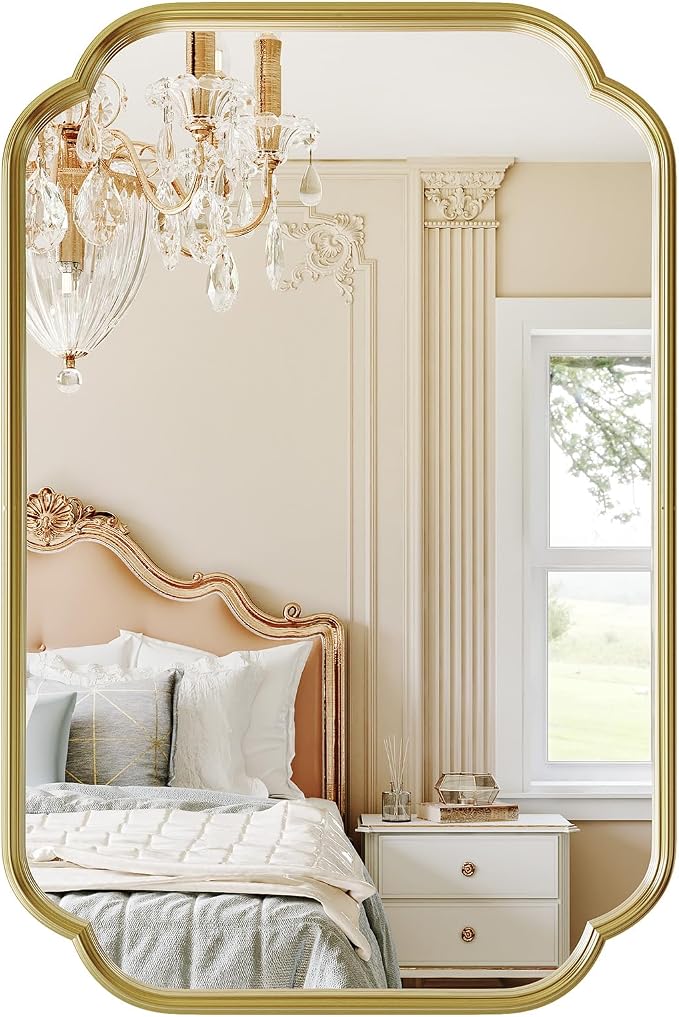 Gold Bathroom Scalloped Mirror, 20” x 30”Rounded Corner Rectangle Wall Mirrors with Metal Frame, Modern Vanity Mirror for Over Sink, Living Room, Bedroom, Horizontal or Vertical