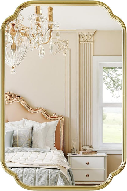 Gold Bathroom Scalloped Mirror, 20” x 30”Rounded Corner Rectangle Wall Mirrors with Metal Frame, Modern Vanity Mirror for Over Sink, Living Room, Bedroom, Horizontal or Vertical