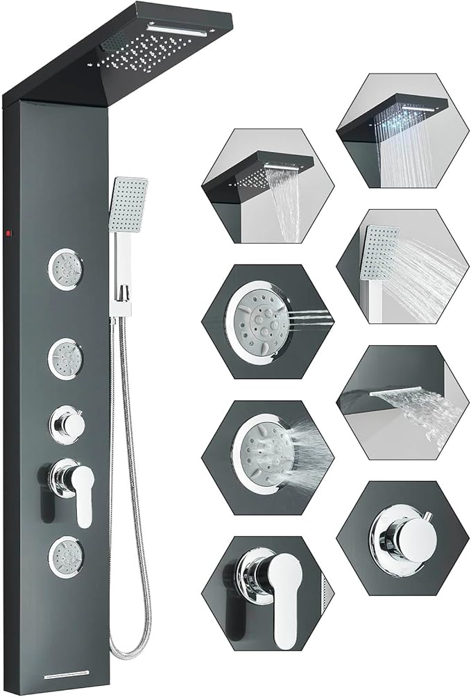 Fuz LED Shower Panel Tower System with Rainfall Waterfall Shower, Black Shower Tower with Jets and Rainfall and Handheld, 5 in 1 Stainless Steel Shower Column High Pressure with Tub Spout
