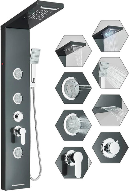 Fuz LED Shower Panel Tower System with Rainfall Waterfall Shower, Black Shower Tower with Jets and Rainfall and Handheld, 5 in 1 Stainless Steel Shower Column High Pressure with Tub Spout