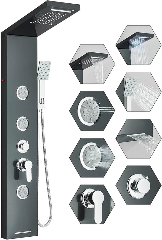 Fuz LED Shower Panel Tower System with Rainfall Waterfall Shower, Black Shower Tower with Jets and Rainfall and Handheld, 5 in 1 Stainless Steel Shower Column High Pressure with Tub Spout