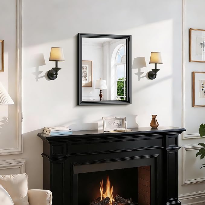 BONEWEI Black Bathroom Mirrors for Wall,18x24 inch Bathroom Mirror Over Sink,Rectangle Metal Framed Vanity Mirror Wall Mounted for Bedroom Living Room,Entryway Hangs Horizontal or Vertical Decor