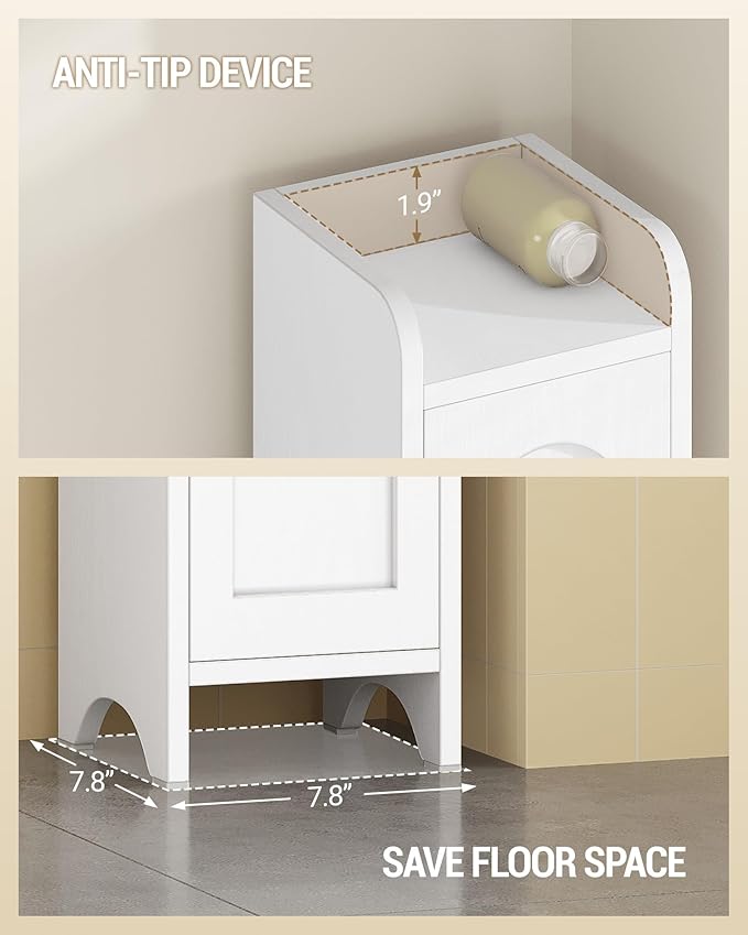 Bathroom Storage Cabinet, Tall Corner Floor Cabinet with 4 Doors and Adjustable Shelf, Narrow Toilet Paper Cabinets, Bathroom Organizer for Small Spaces, 7.9" D x 7.9" W x 70.9" H White