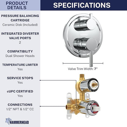 HammerHead Showers Solid Metal Shower Valve and Trim Kit, Two-Handle Volume and Temperature Control with Integrated Diverter, Pressure Balance Rough-In Valve Included, Chrome