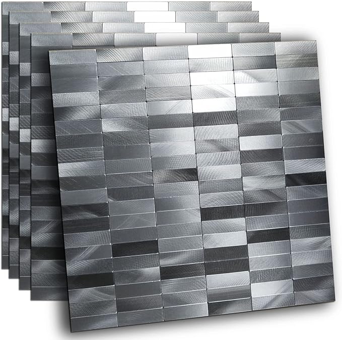 XUANINY Peel and Stick Tile Backsplash Self- Adhesive Wall Tiles Aluminum Mosaic Sticker for Kitchen (11.33"x11.92" Per Sheet, Pack of 5 pcs) (Long Silver Grey 5)
