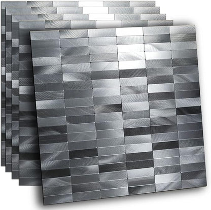 XUANINY Peel and Stick Tile Backsplash Self- Adhesive Wall Tiles Aluminum Mosaic Sticker for Kitchen (11.33"x11.92" Per Sheet, Pack of 5 pcs) (Long Silver Grey 5)
