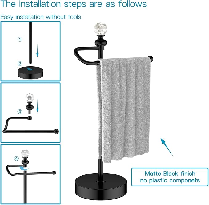 ROLABAM Heavy Weighted Hand Towel Holder(with Crystal Ball) Standing Hand Towel Holder Total Height 15.7'' for Kitchen,Bathroom,Vanity,Classic Decorative Metal Hand Towel Stand,Matte Black