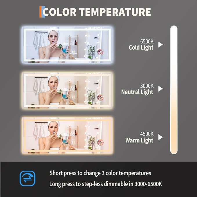 LED Bathroom Mirror 60 x 24 inch with 3X Mirror, Lighted Bathroom Vanity Mirror with Front and Backlit LED Lights, Frameless Wall Mounted Mirror with Adjustable Color Temperature
