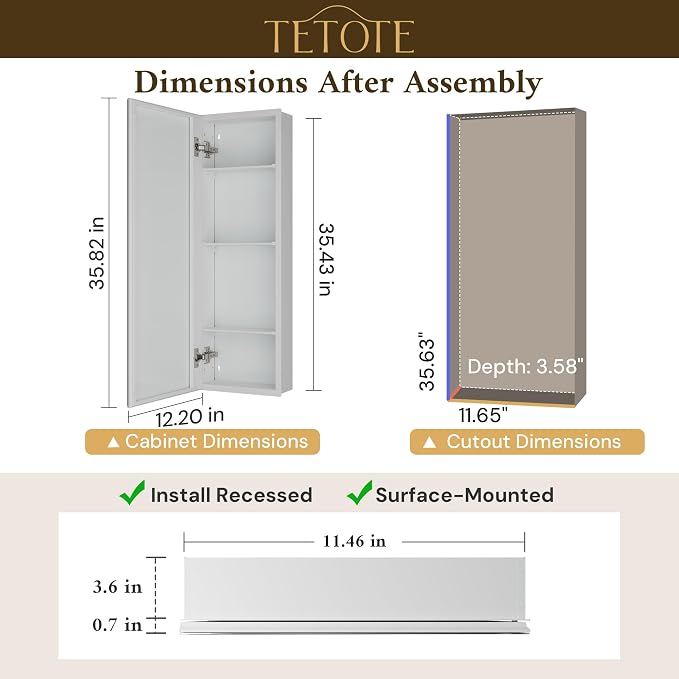 TETOTE 12 x 36 Bathroom Vanity Mirror Cabinet with Tempered Beveled Mirror White Medicine Cabinet Aluminum Cabinet DTC Hinges, Stepless Adjustable Shelves, Recessed/Surface-Mounted