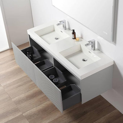 Blossom 60 Inch Double Sink Bathroom Vanity with Side Cabinets, All Wood Wall Mounted Floating Bathroom Vanity Cabinet with Acrylic Sink, Soft-Close Drawers, Bathroom Vanities, Light Grey