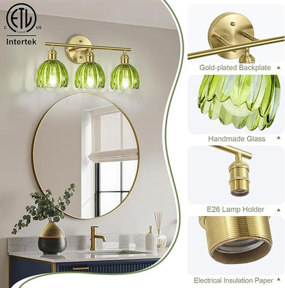 Vintage Bathroom Light Fixtures,3-Light Hardwired Vanity Lights with Green Tulip Glass Shade,Gold Bathroom Vanity Light for Mirror Restroom,E26 Socket,18.5 in(Bulbs Not Included)