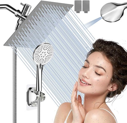 Airlex Shower Head Rain Shower Head with Handheld Spary, High Pressure Rainfall Showerhead and 4 Modes Handheld Shower Heads Built-in Power Wash with 71 Inch Stainless Steel Hose, 10'' Sliver