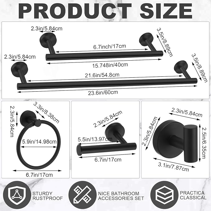 Gisafai 25 Pcs Matte Black Bathroom Accessories Hardware Set Black Towel Racks for Bathroom SUS304 Stainless Steel 23.6 Inch Towel Bar Ring Toilet Paper Holder Robe Hooks for Wall Mounted