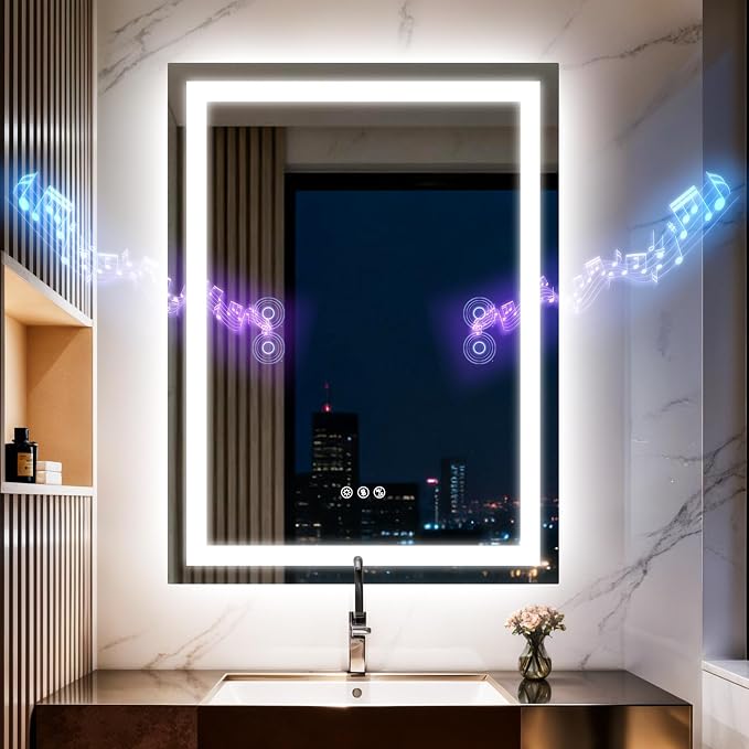 24"x32" LED Bathroom Mirror with Lights,Bluetooth Dual Speaker | Anti-Fog,3 Color Temperature,Dimmable Brightness,Memory Function,Waterproof,Wall Mount Design,Tempered Glass