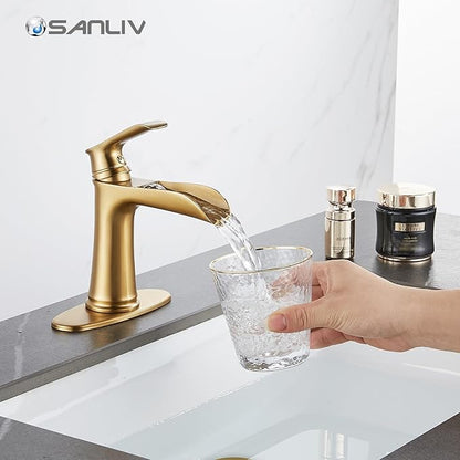 Brushed Gold Bathroom Sink Faucet, Sanliv Single Handle Waterfall Bathroom Faucet with Pop-Up Drain & Deck Plate for 1 or 3-Hole (4 inch) Modern Brass Vanity Faucets, Champagne Bronze