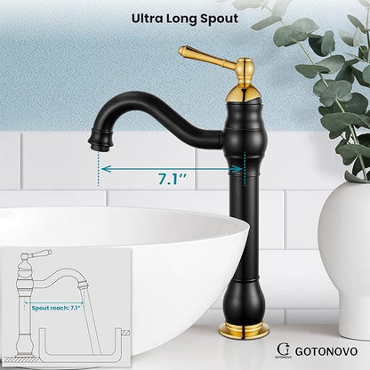 gotonovo Vessel Sink Faucet 360° Swivel Spout Single Handle Tall Bathroom Faucet 1 Hole Farmhouse Lavatory Washbasin Mixer Tap Matching Supply Hoses, with Pop Up Drain, Matte Black & Polish Gold
