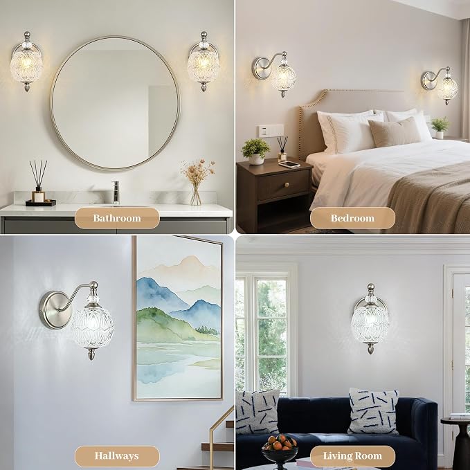 1 Piece Brushed Nickel Wall Sconce, 1-Light Mid Century Modern Brushed Nickel Finish Wall Sconce with Globe Glass Shade, Modern Light for Bathroom, Bedroom, Living Room,Powder Room