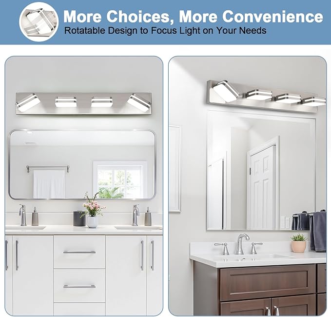 360° Rotate LED Dimmable Bathroom Vanity Light Fixtures, 1600LM Acrylic Brushed Nickel Vanity Lights for Bathroom, Modern Wall Lighting Fixtures Over Mirror Kitchen Hallway (Natural White Light 5000K)