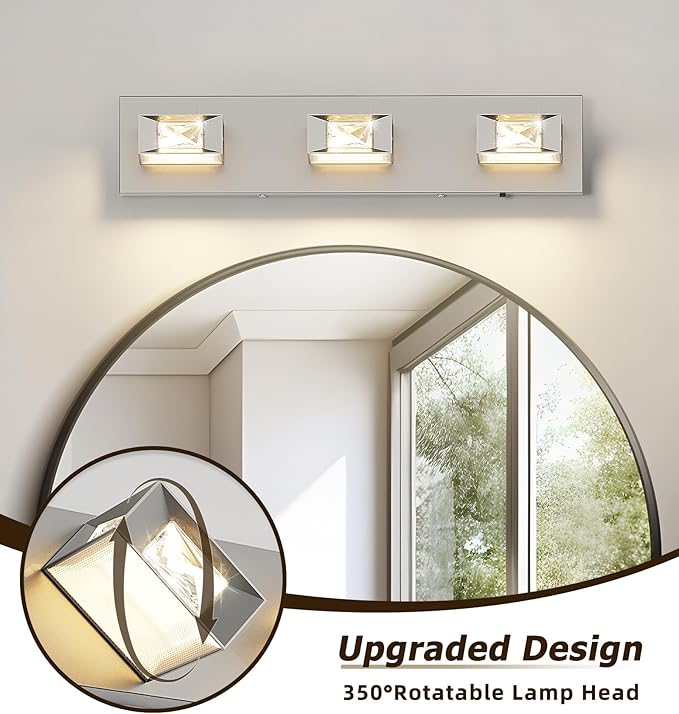 Joossnwell Brushed Nickel Bathroom Vanity Light Crystal 5CCT Dimmable Bathroom Lighting Fixtures Over Mirror (3-Light, 20.47-Inch) Led Modern Bath Lights with 350°Rotatable Head