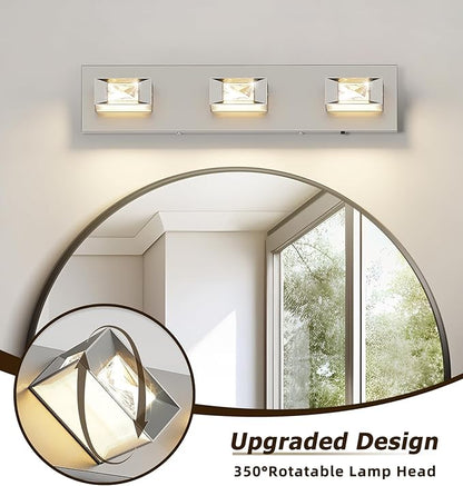 Joossnwell Brushed Nickel Bathroom Vanity Light Crystal 5CCT Dimmable Bathroom Lighting Fixtures Over Mirror (3-Light, 20.47-Inch) Led Modern Bath Lights with 350°Rotatable Head