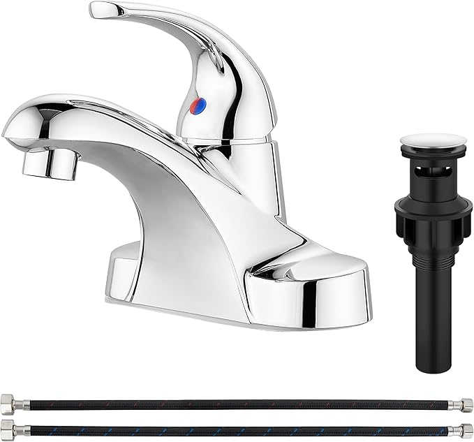 Aolemi Bathroom Faucets Arc 4 Inch Centerset Bathroom Sink Faucet Single Handle Vanity Faucet with Supply Lines,with Pop Up Drain Assembly,Polish Chrome