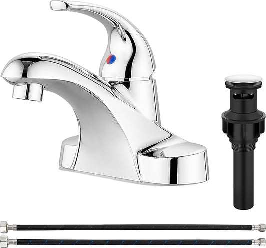 Aolemi Bathroom Faucets Arc 4 Inch Centerset Bathroom Sink Faucet Single Handle Vanity Faucet with Supply Lines,with Pop Up Drain Assembly,Polish Chrome