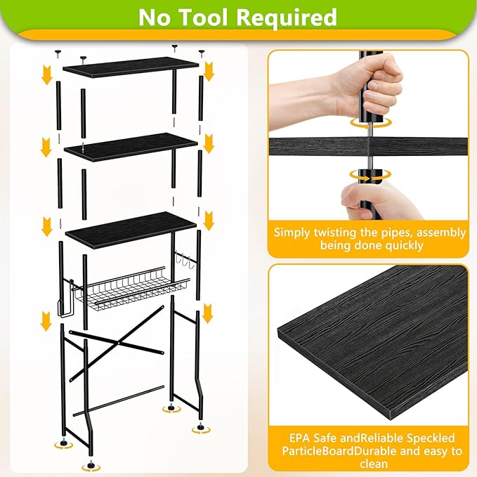Over-The-Toilet Storage Rack, 4-Tier Bathroom Organizer Shelf Over Toilet with Adjustable Shelf and Basket, Freestanding Space Saver Bathroom Shelves Above Toilet for Room (Black)