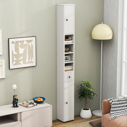Tangkula Tall Slim Bathroom Storage Cabinet, 71" Freestanding Bathroom Cabinet w/ 2 Doors, 1 Drawer & 5 Adjustable Shelves, Floor Narrow Tower Cabinet for Small Spaces, 8" x 8" x 71" (White)