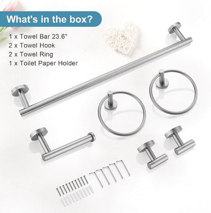 TQKAG Brushed Nickel Bathroom Hardware Set, 6-Piece Towel Bar Set 23.6 Inch | Towel Bar Set, Wall Mounted, Bathroom Accessories Set Include Paper Holders, Towel Rings, Towel Hooks, SUS304 Stainless Steel