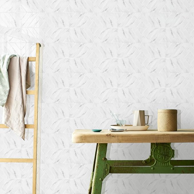 STICKGOO Herringbone Peel and Stick Backsplash, White Marble, 10 Sheets | 12.6 x 9.7 in, Thicker Rectangular Vinyl Stick-On Wall Tiles, Easy Alignment, Waterproof, Easy to Clean, Kitchen/Bathroom