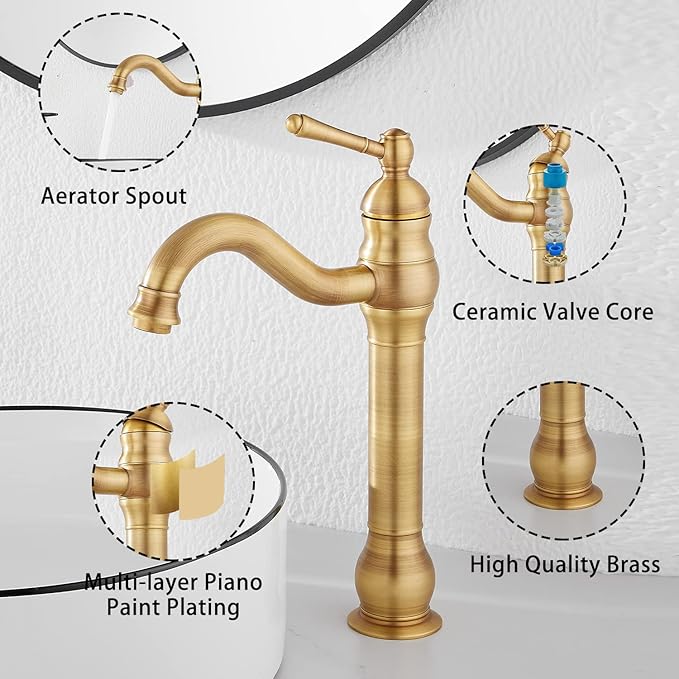 GGStudy 360° Swivel Antique Brass Bathroom Vessel Sink Faucet Single Handle One Hole Matching with Pop Up Drain