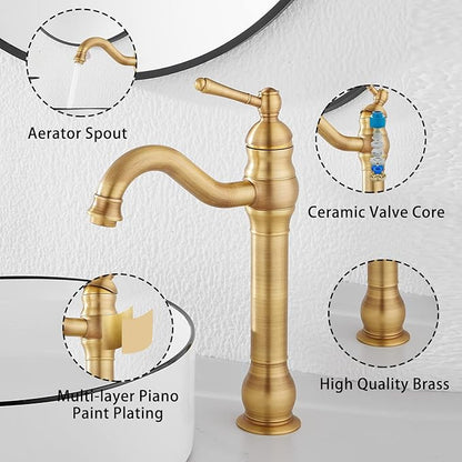 GGStudy 360° Swivel Antique Brass Bathroom Vessel Sink Faucet Single Handle One Hole Matching with Pop Up Drain