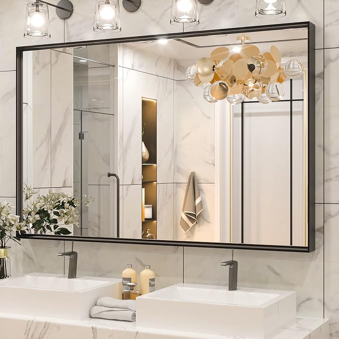 Keonjinn 48x30 Inch Black Bathroom Mirror for Over Sink, Rectangular | HD Tempered Glass, Vanity Mirror, Brushed Framed, Square Corner, Modern Farmhouse, Wall Mounted Mirrors, Aluminum Alloy