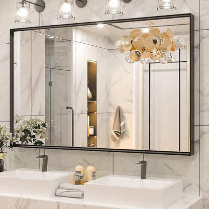Keonjinn 48x30 Inch Black Bathroom Mirror for Over Sink, Rectangular | HD Tempered Glass, Vanity Mirror, Brushed Framed, Square Corner, Modern Farmhouse, Wall Mounted Mirrors, Aluminum Alloy