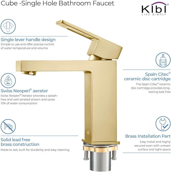 Solid Brass Single Handle Bathroom Sink Faucet with Pop-Up Drain, High Arc Cubic Spout Lavatory Faucet in Brushed Gold | Corrosion-Resistant, Modern Design (Brushed Gold, KBF1002)