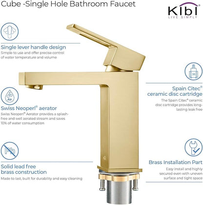 Solid Brass Single Handle Bathroom Sink Faucet with Pop-Up Drain, High Arc Cubic Spout Lavatory Faucet in Brushed Gold | Corrosion-Resistant, Modern Design (Brushed Gold, KBF1002)